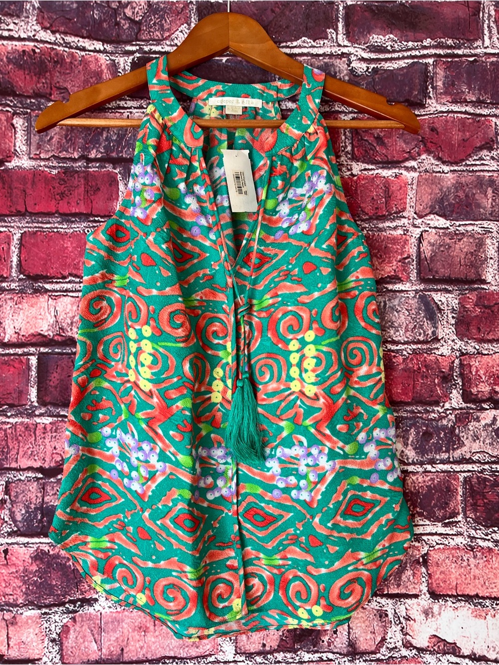 Cooper & Ella Layla Tassel Halter Blouse Green Abstract Print